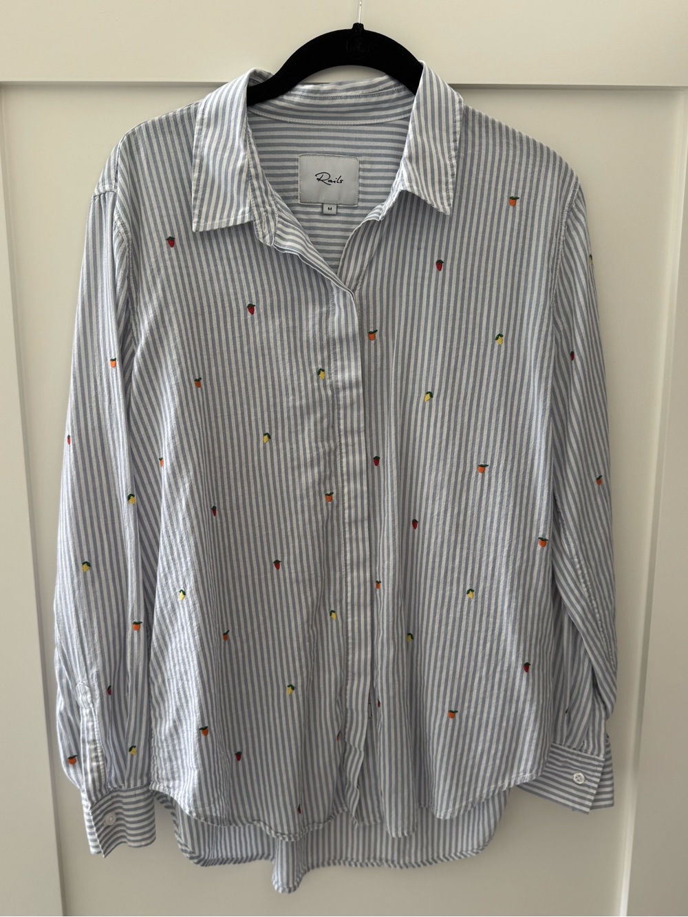 Rails Blue Stripe Fruit Embroidery Button-Down Shirt